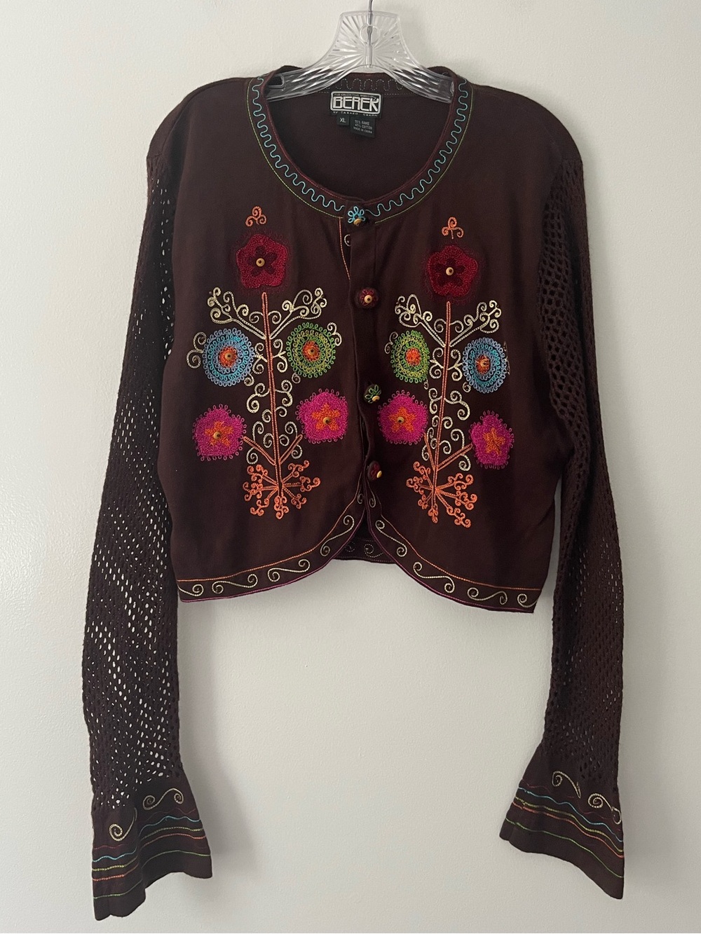 Vintage Berek Hippie Floral Crochet Flare Sleeves Crop Cardigan Embroidered XL